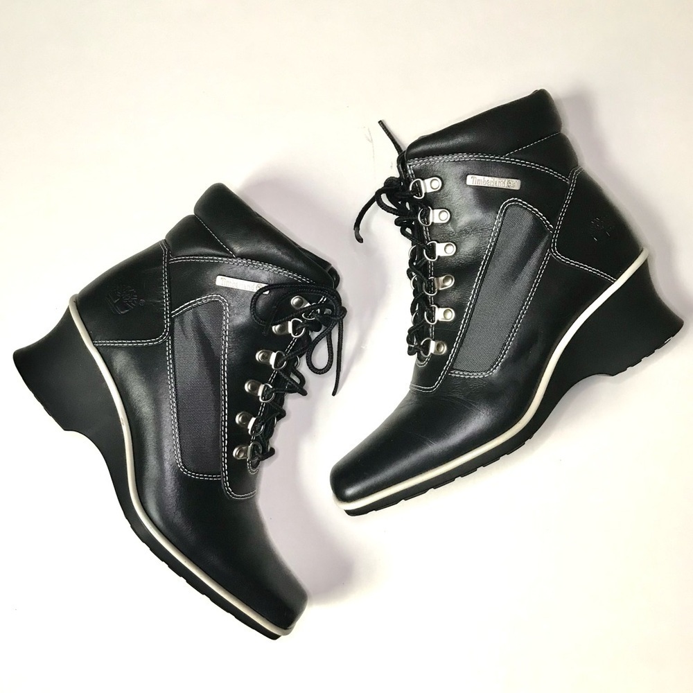TIMBERLAND Hill Wedge Ankle Boots Size 5.5 Leather lace-up Black with White trim - Picture 2 of 16